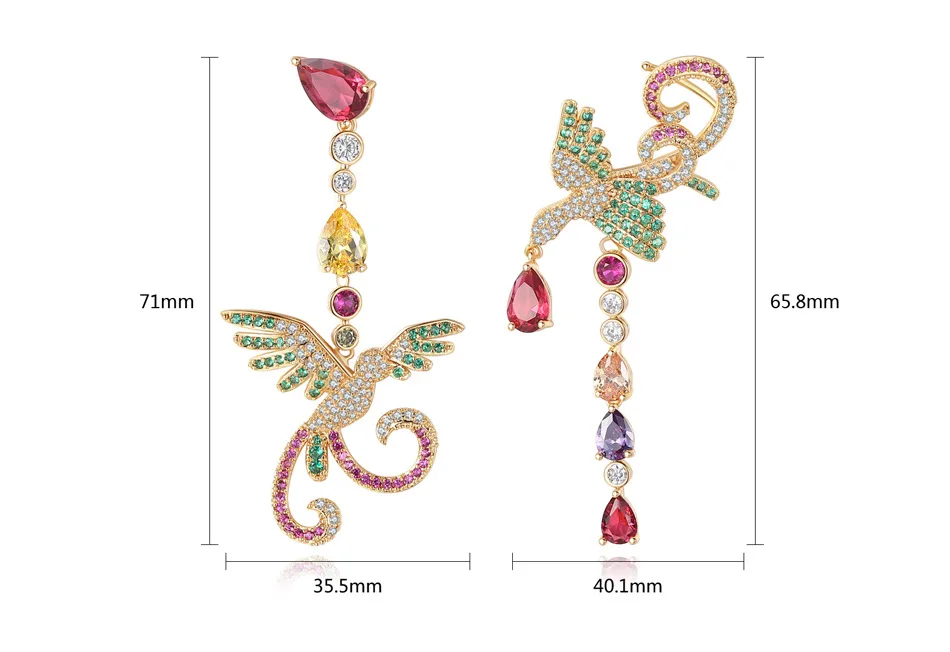 CZ розовое золото Асимметричные животные Феникс длинные висячие Висячие серьги