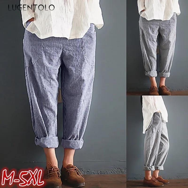 

Women Summer Pants Casual Stripe Straight Pocket Female Loose Large Size Mid Waist Thin Long Pants Lugentolo