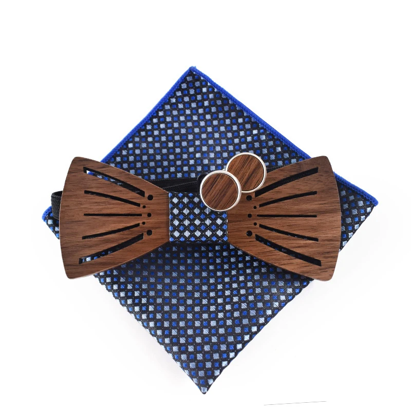 

Sitonjwly Novelty Wooden Bow Tie Hanky Cufflinks Set for Men's Suit Bowtie Wood Hollow Carved Gravatas Cravat Square Towel