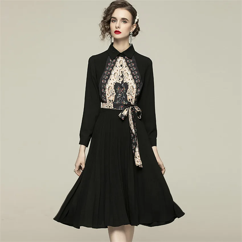 Женское винтажное платье-рубашка модельное черное платье с цветочным принтом в