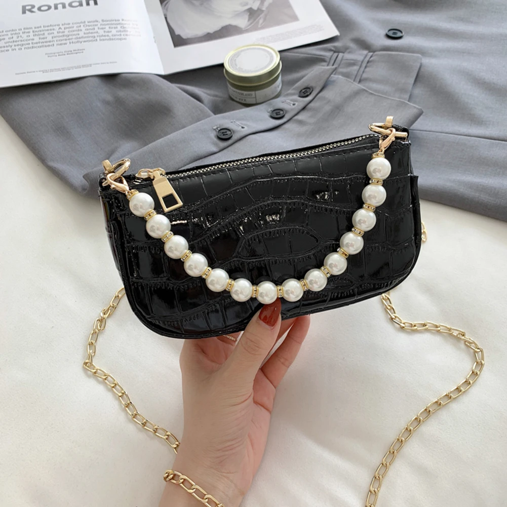 

Women Solid Color PU Leather Fashion Alligator Pattern Shoulder Messenger Bag Casual Pearl Chain Ladies Small Crossbody Handbags