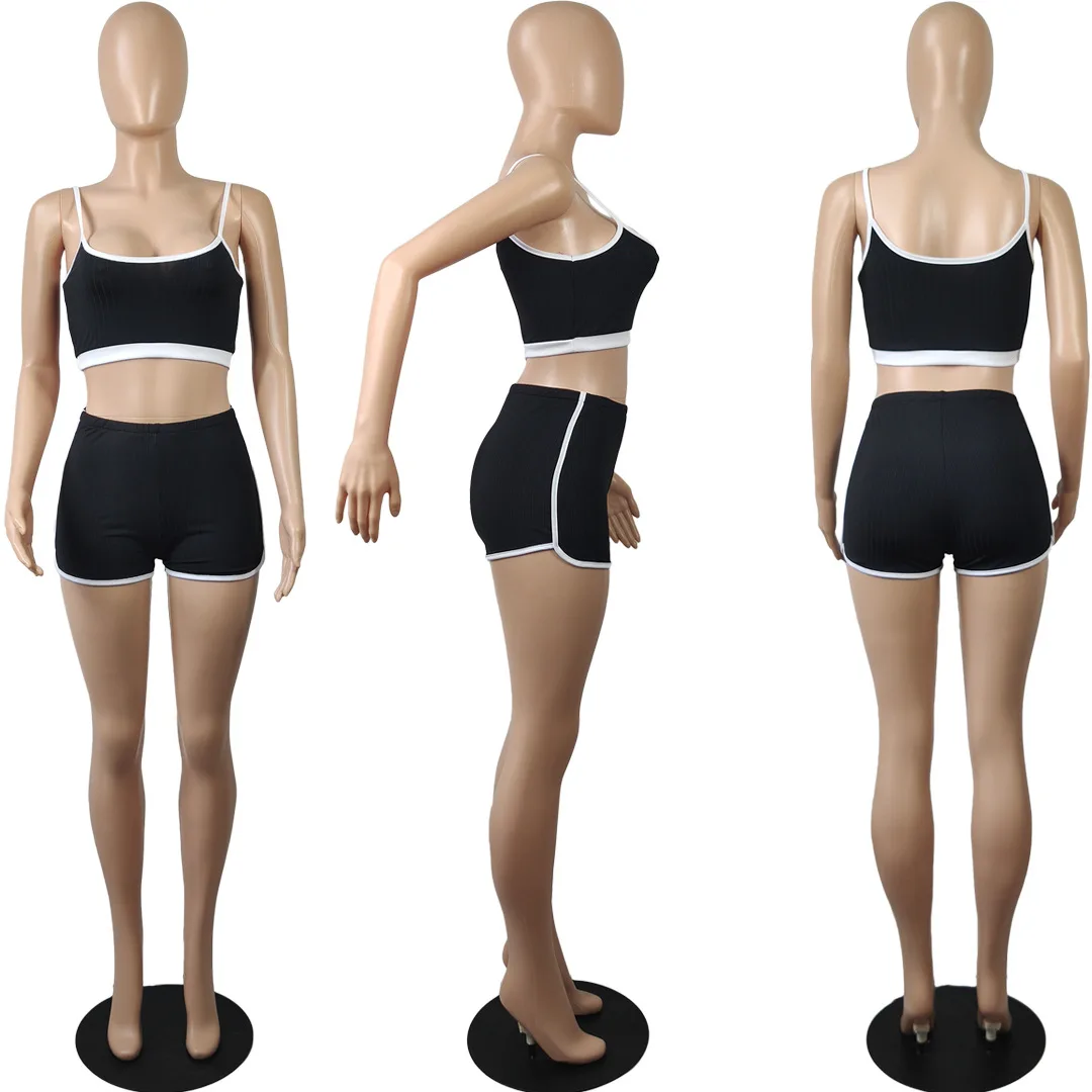 

Ribbed Women Set Two Pieces Set Spaghetti Strap Camisole Crop Top Shorts Jogger Sweatpant Suit Matching Set Fitness Tracksuit