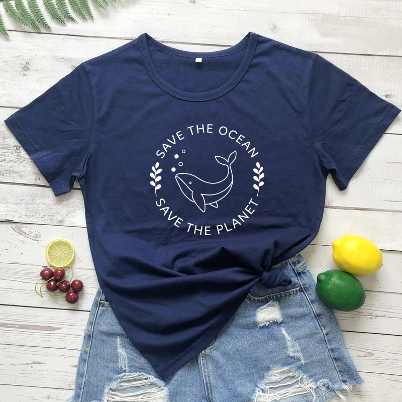 Save The Ocean Planet Graphic T Shirts Shark Aesthetic Tees Women Causal Summer Slogan T Shirt Protect Environment Cotton Tops