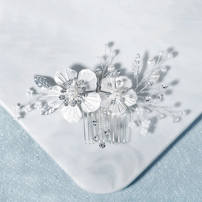 Женская заколка для волос с жемчугом FORSEVEN серебристая невесты белыми цветами и