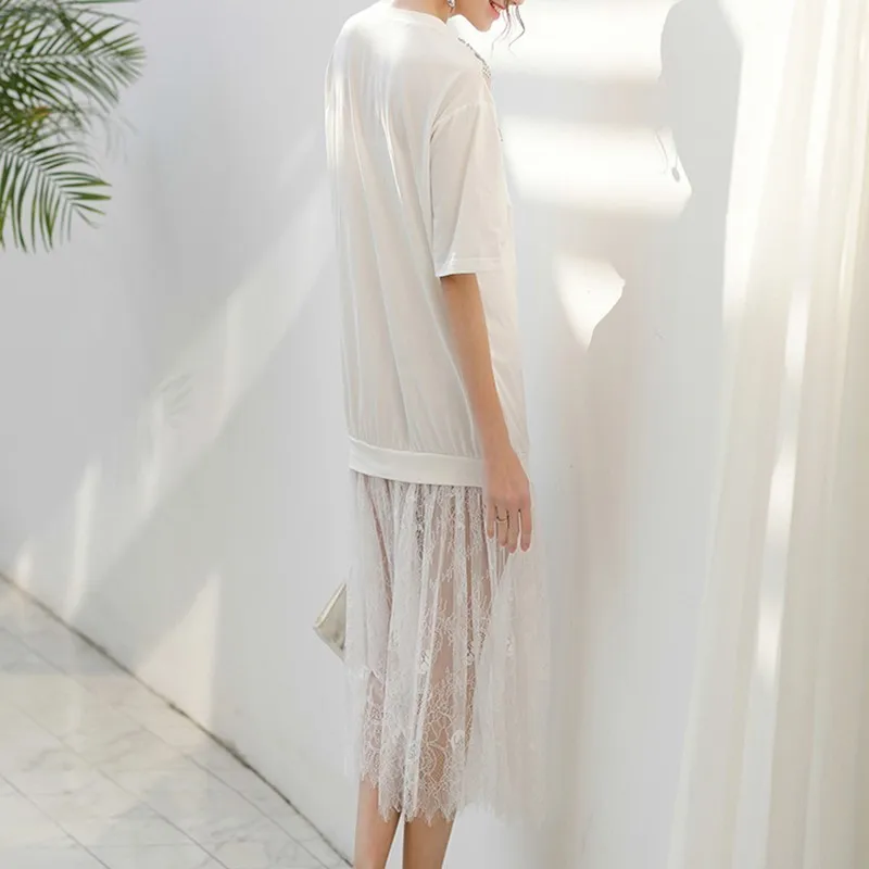 

VGH Patchwork Lace Diamond Dress For Women O Neck Short Sleeve Casual Loose Dresses Female Fashion New Clothing 2020 Tide Summer