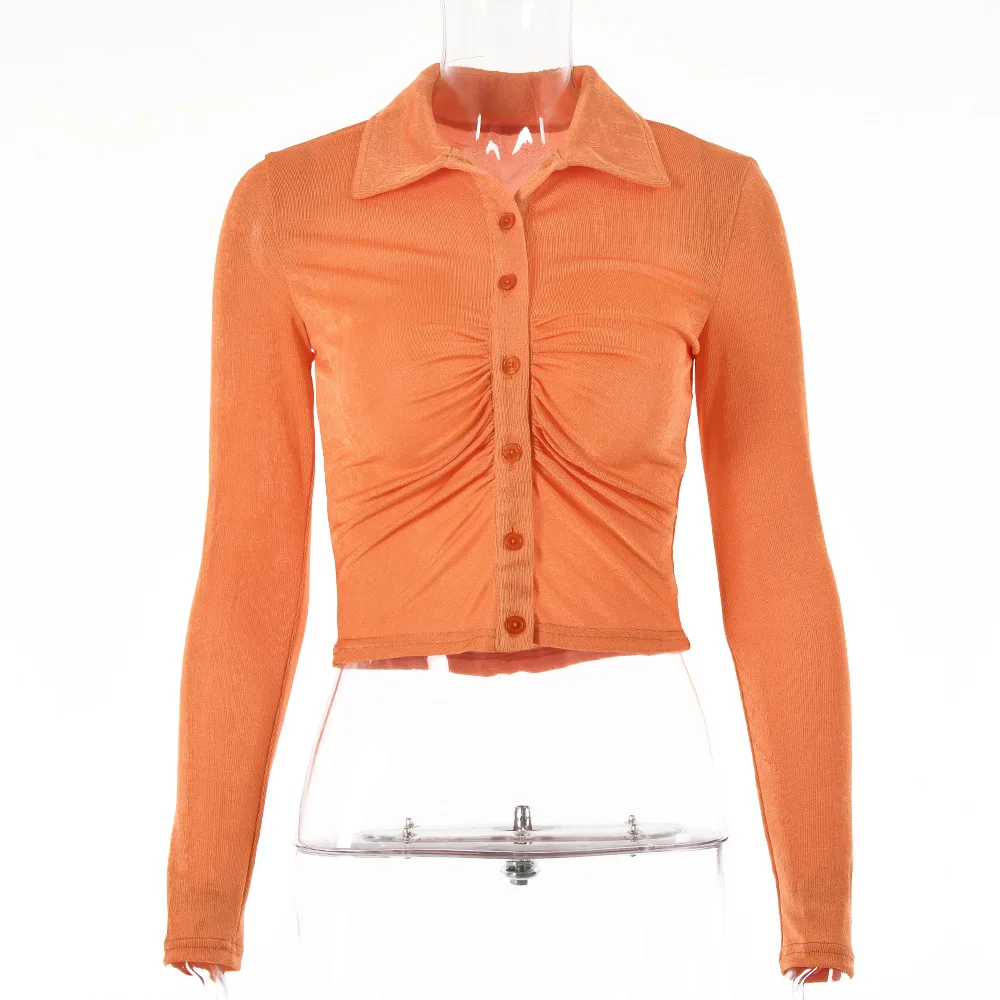 

2021 New Arrivals Winter Fashion Long Sleeve Turn-down Collar Single Breasted Solid Bodycon Casual High Street Women Tops Camis