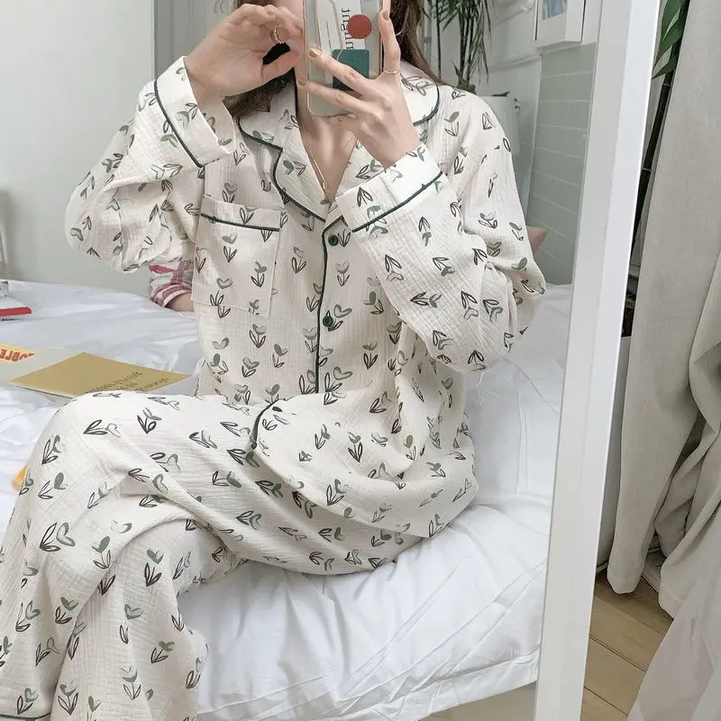 QWEEK Cotton Yarn Pajamas Sets 2 Piece Korean Homewear Autumn Sleepwear Kawaii Heart Sapling Print Pijamas Female Loungwear Suit