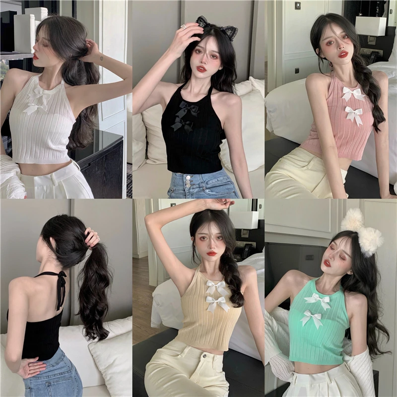 

Sleeveless Bow Crop Top Sexy Off Shoulder Women's Clothing Knitted T Shirts O-neck Slim Tees Korean Fashion Clothes Summer
