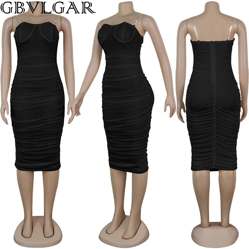 

Women Sexy Spaghetti Straps Midi Dress Femal Sleeveless See Through Sheer Mesh Party Night Dress Soild Two Color White Black