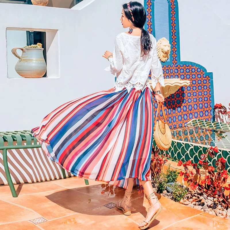 TingYiLi в радужную полоску юбка макси стиле бохо для летних каникул эластичный