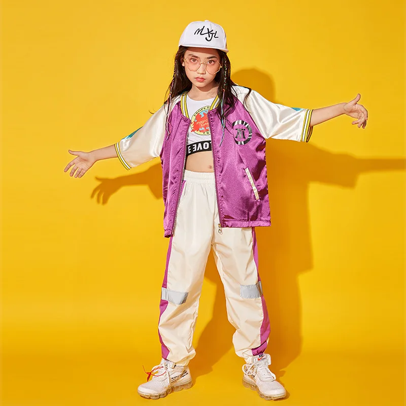 Детская одежда в стиле хип хоп фиолетовая куртка с блестками топы и брюки для