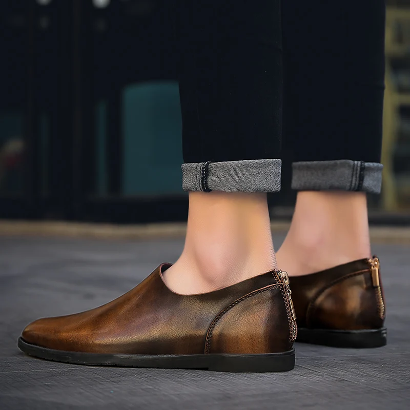Мужские мокасины из натуральной кожи на плоской подошве без застежки | Обувь