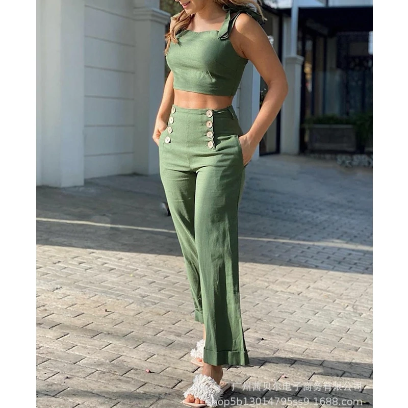 

WEPBEL Women's Sexy Solid Slim-Fit Suit Summer High Waist Double Breasted Straight Pants + Spaghetti Strap Backless Top Suit