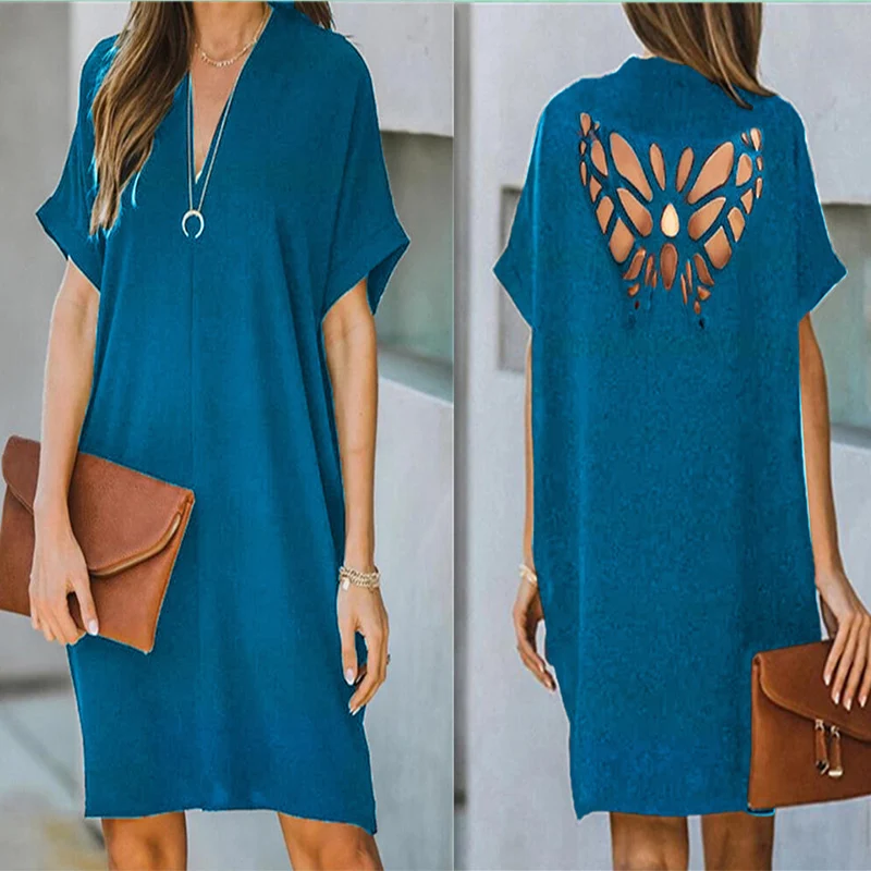 

New Summer Solid Color Short Skirt Fashion V Neck Short Sleeve Casual Dress Elegant Hollow Out Butterfly Mid Dress Women Skirt