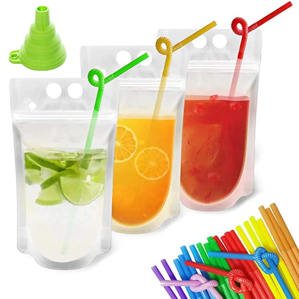 

100 шт., пластиковые пакеты для напитков с 100 соломинками