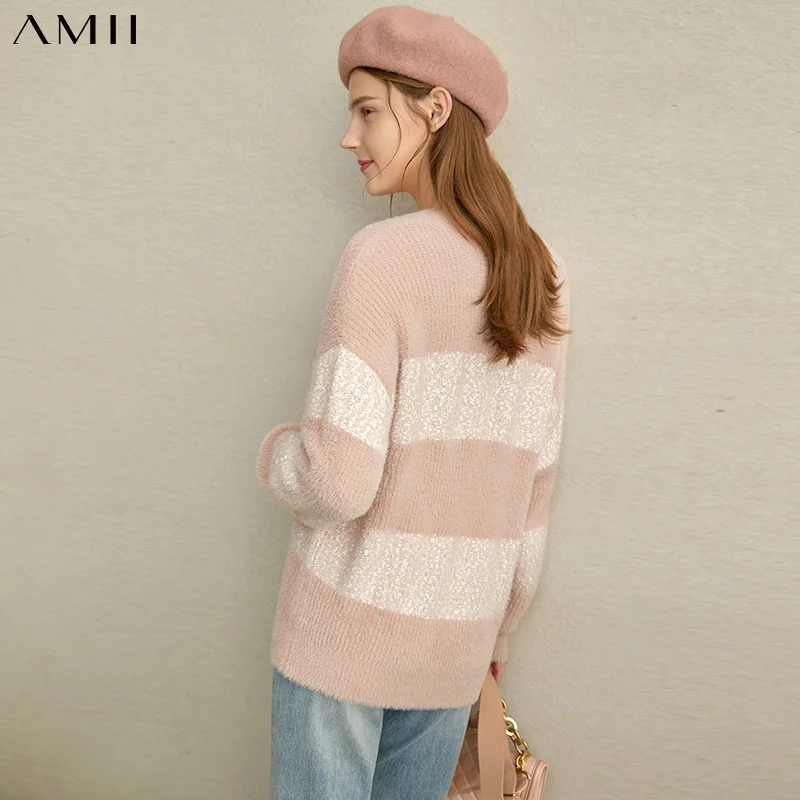 Женский свитер в полоску Amii повседневный Свободный пуловер Корейском стиле с