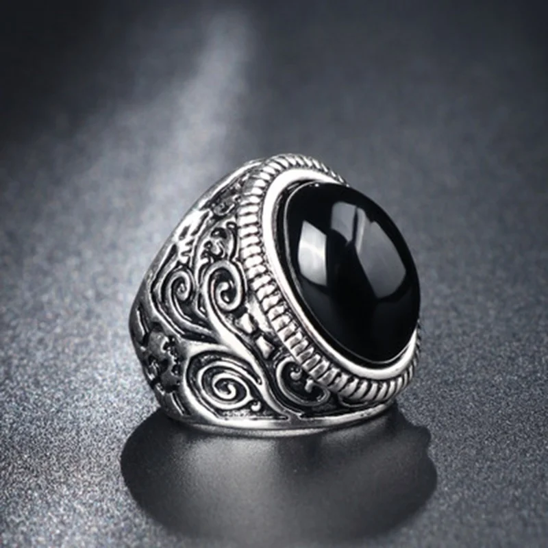 

New Retro Bohemian Round Black Crystal Inlaid Viking Rune Pattern Ring Women's Ring Fashion Metal Ring Accessories Party Jewelry