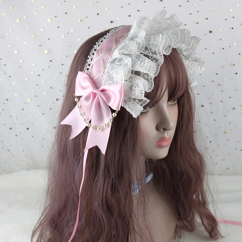 

Sweet Lolita Bowknot Maid Headdress Ruffled Lace Headpiece Headband For Women Girls Cosplay Hair Accessories