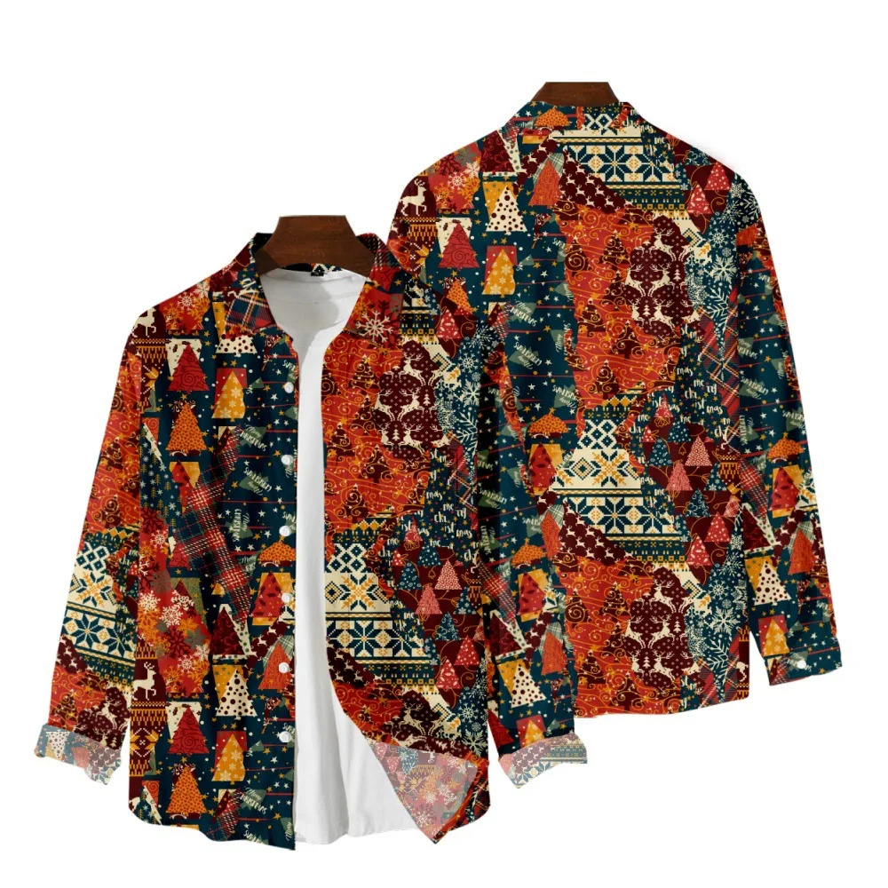 

2021 Hot Christmas Pattern Loose Trend Harajuku Casual Large Button Long Sleeve Cardigan Men's Shirt 39
