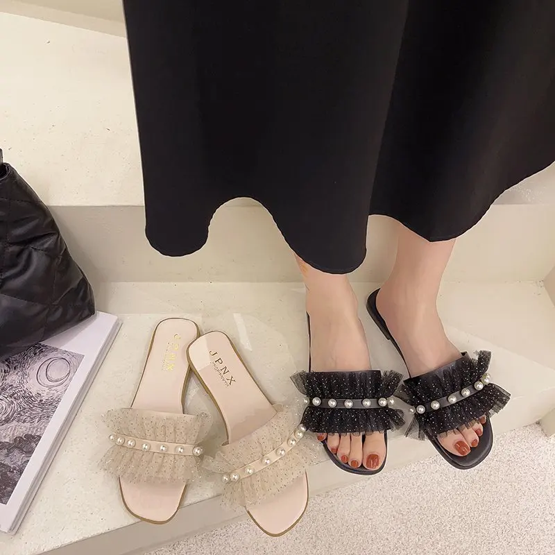 

Shoes Woman 2021 Low String Bead Slippers Casual Pantofle Luxury New Summer Flat Rome Slides PU Basic Rubber Low Shoes Woman's S