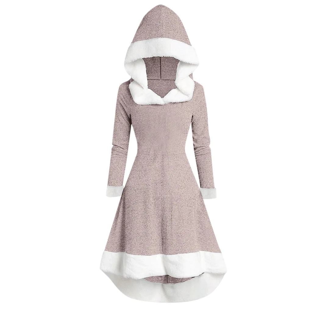 

Fall/Winter 2021 new color-blocking long-sleeved fluffy hooded large swing slim trench coat