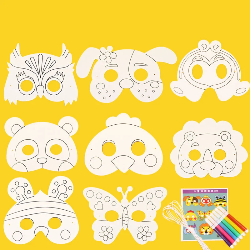 8Pcs DIY Cartoon Animals Painting Masks Color Kindergarten Graffiti Art Creative Drawing Educational toys for Children Kids Gift | Игрушки и