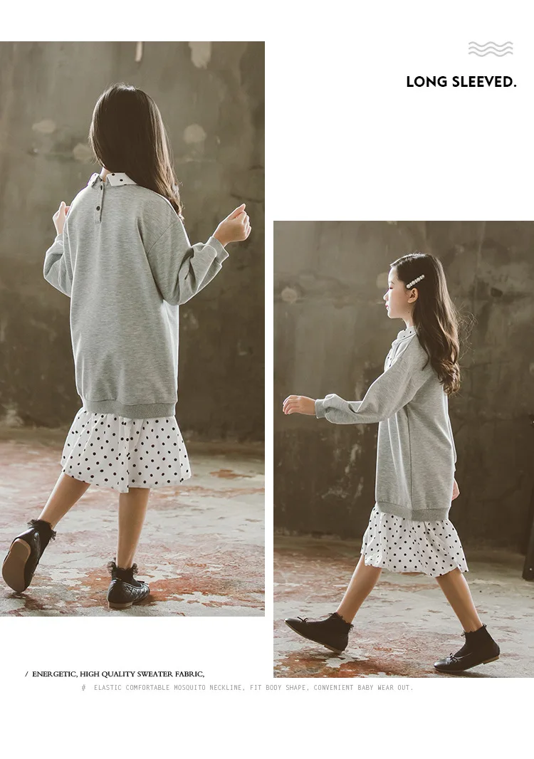 Платье для девочек коллекция года, осенне-зимние корейские повседневные короткие детские платья в горошек с длинными рукавами для подростков 6, 8, 10, 12, 14 лет
