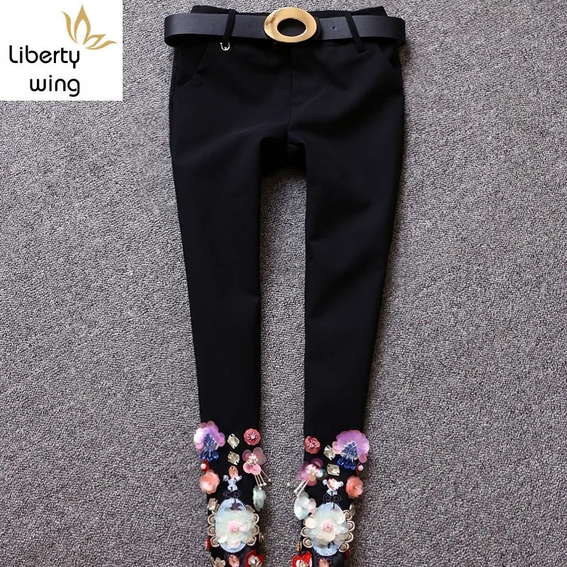 Top Quality Sequins Floral Embrodiered Flares Diamonds Women Suit Fashion Sashes Slim Fit Ankle Length Female Pencil Pants