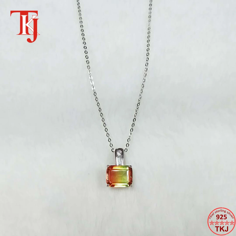 

TKJ Romantic Natural Tourmaline Pendant Necklace Sterling Silver 925 Rectangle Bijoux Femme Energy Healing Gifts For Women