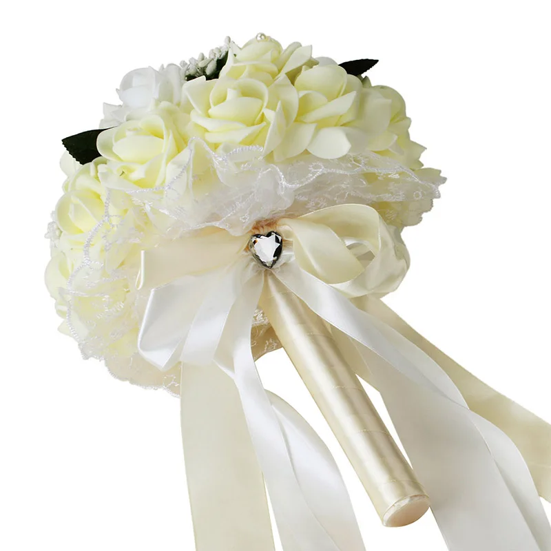 Пенопластовый Свадебный букет розы кружевные тычинки и листья шелковая лента