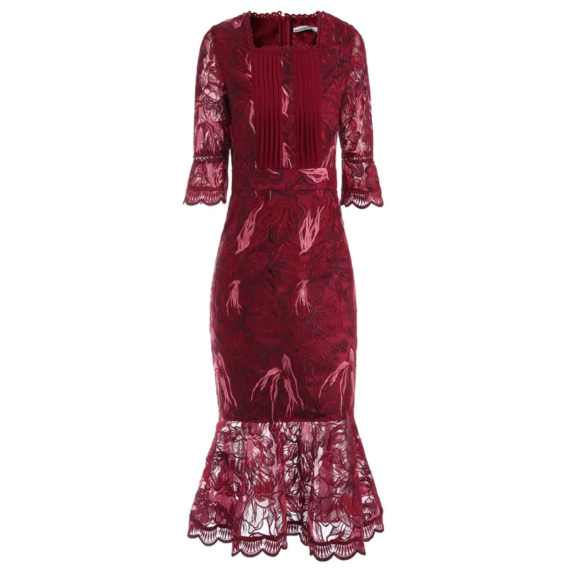 

Party Blue Red Sexy Dress Autumn Winter Style Women Square Collar Allover Exquisite Embroidery Ruffle Elegant Mermaid Dress