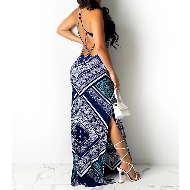 

Vintage Ethnic Printed Slit Maxi Dress Evening Party Long Sling Dresses Vestidos