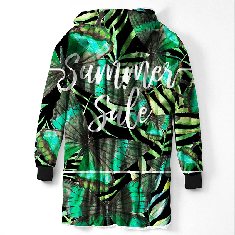 Шерпа с зелеными листьями одеяло капюшоном и рукавами покрывало тропическими