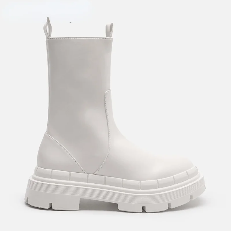 

Powee Boots Ra Beige Ankle Platform Boots Thick-soled Martin Boots Female Side Zipper Rider Boots Chelsea Mid-tube Calf Boots