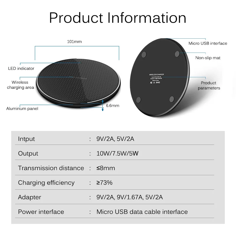 

ANMONE 10W Qi Wireless Charger Ultra thin Wireless Charging Pad for iPhone Xiaomi Samsung Smartphone Micro Fast Charge Chargers