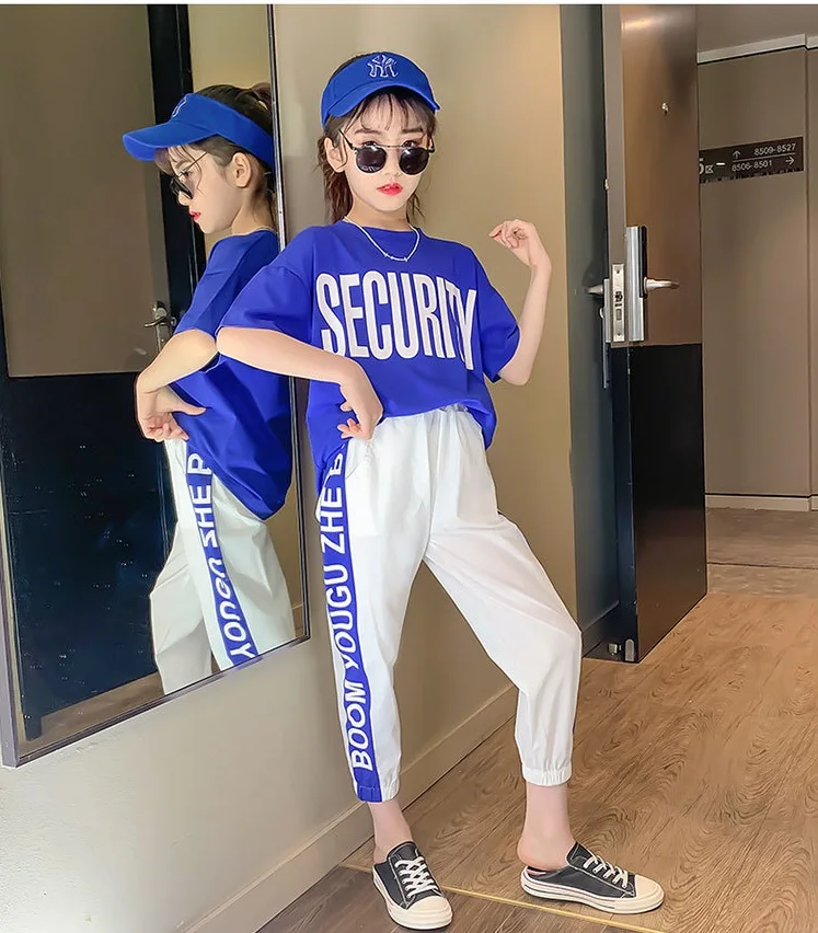 

Girls' summer suit new sweet and fashionable 12 year old children's wear summer big kids short sleeve sports two piece suit