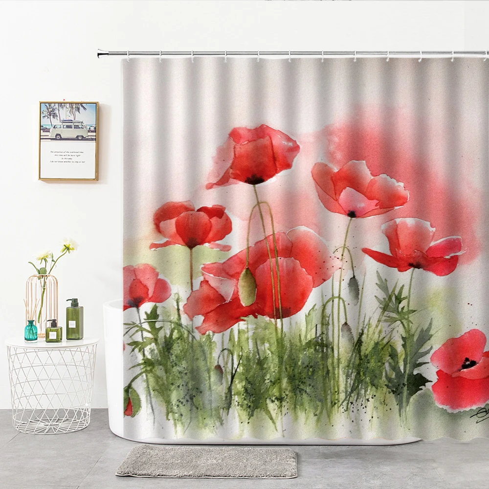 

Red Flowers Shower Curtain Painted Illustration Style Living Room Bedroom Wall Hanging Cloth Bath Supply Bathroom Decor Curtains