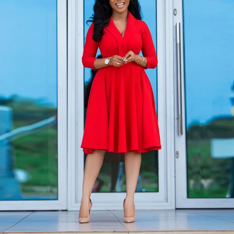 

African Women Red Dress Sexy V Neck Slim A Line Midi Dresses Fashion Party Office Elegant Dress Plus Size 3XL Vestidos Mujer