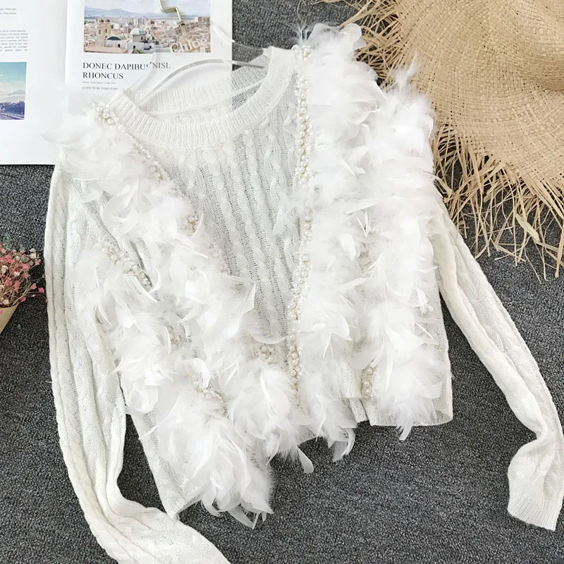 

Fairy Lady Fall 3D Feather Tassels Crocheted Sweater 3D Flowers Pullovers Thin Pearls Hollow Knitwear Fringed Beaded Tops Sueter