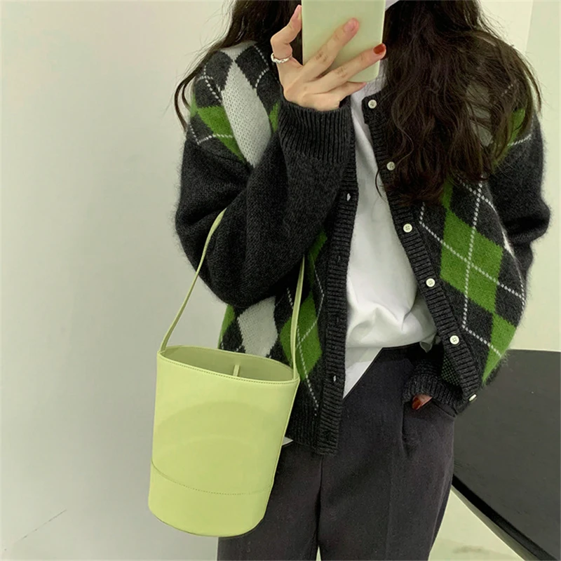 

Women Winter Trendy Fashion Long Sleeve Argyle Plaid Vintage Cardigan Office Lady Loose Casual Single Breasted Knitted Sweaters