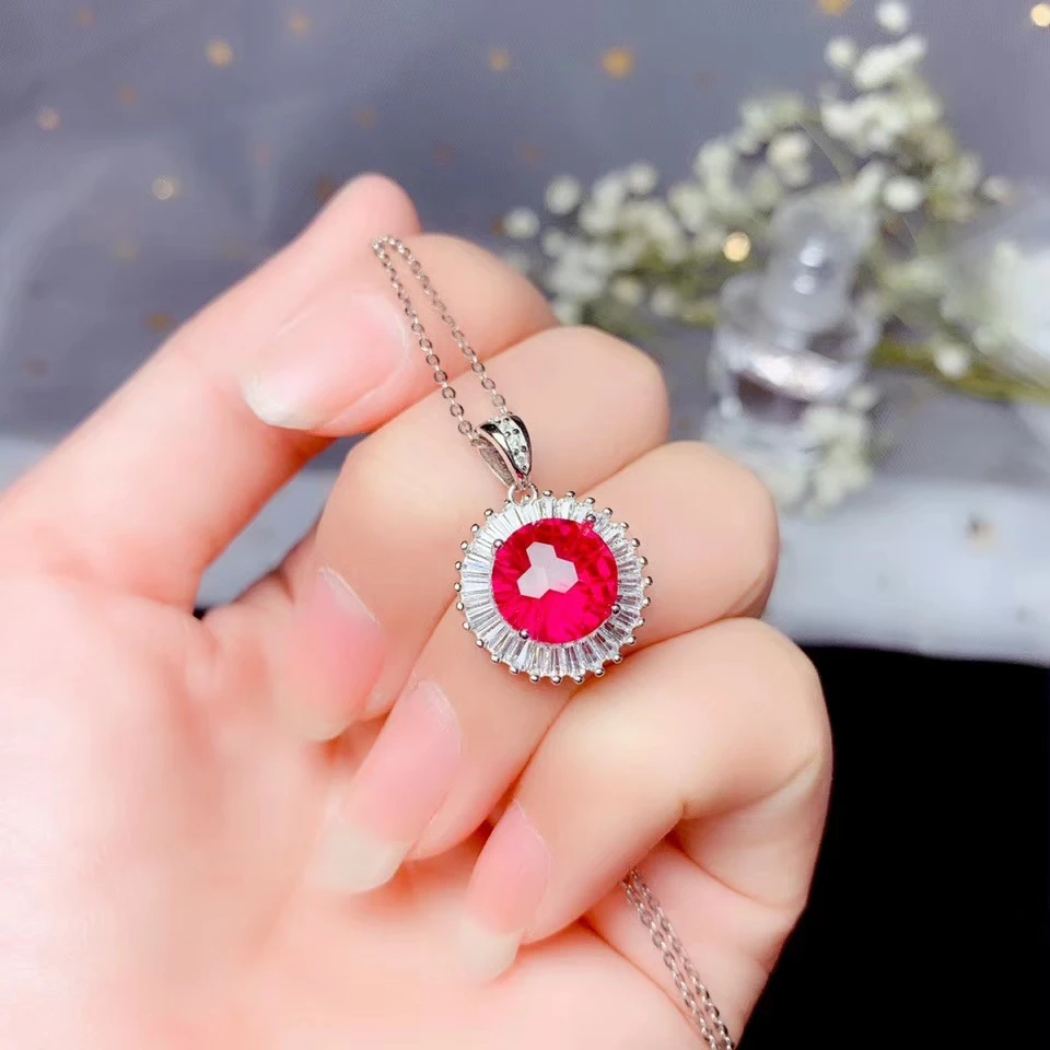 Очаровательное кольцо и ожерелье с красным Рубином для женщин серебряные