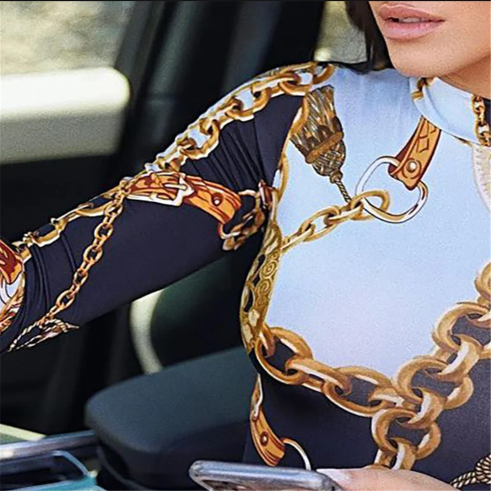 

SSEURAT Women Sexy Club Party Style Jumpsuits Long Sleeve Round Neck Printed Tight Jumpsuits