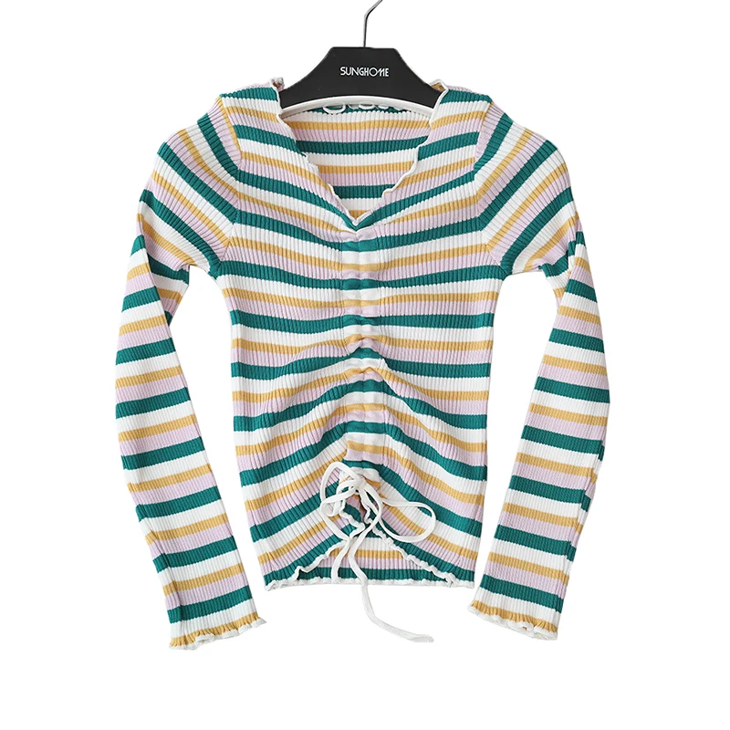 Gaganight полосатый Женский Модный пуловер Весна Осень шнурок тонкий с длинными