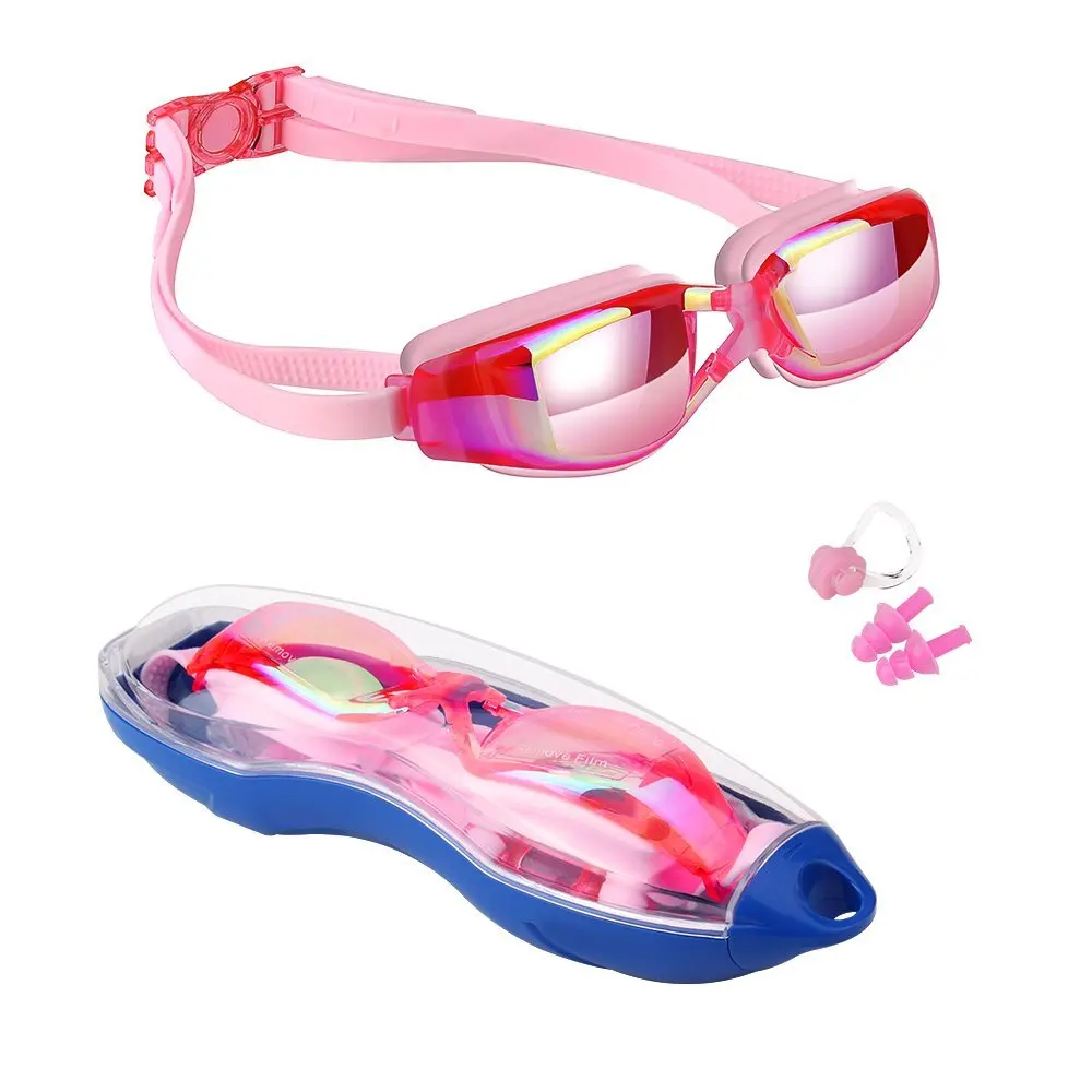 Kids Swimming goggles Anti-Fog UV prescription glasses waterproof goggle with Case,Nose Clip,Earplugs for kids swimming in pools - Цвет: Electroplating pink