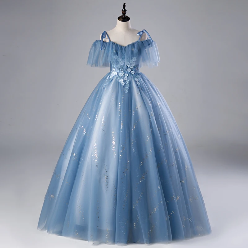 

Женское бальное платье на тонких бретельках, синее фатиновое платье с кружевной аппликацией для выпускного вечера, 15-16 лет