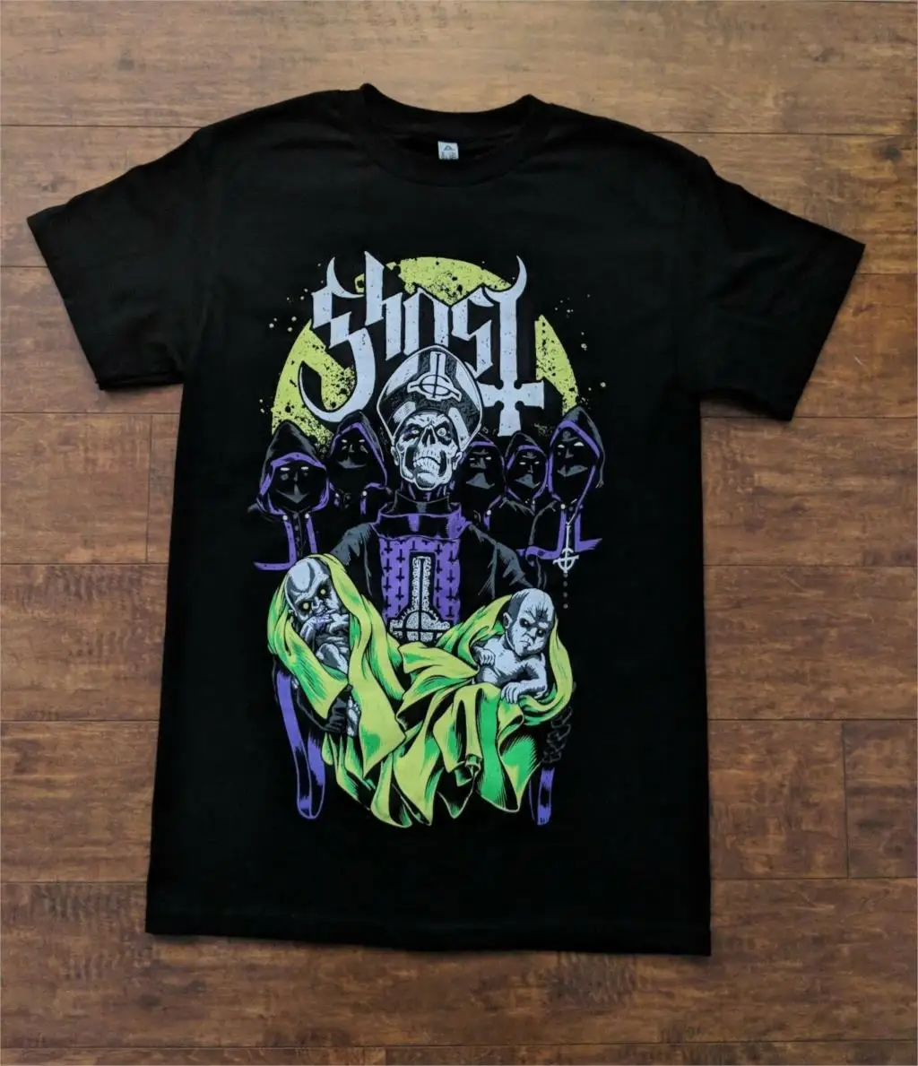 

GHOST SWEDISH ROCK BAND PAPA EMERITUS WITH BABIES GREEN PURPLE DESIGN T SHIRT