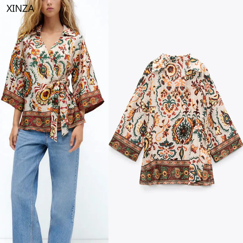 

Женский кафтан с принтом, винтажная блузка с поясом, длинным рукавом и запахом, Модная элегантная Свободная блузка с бантом сбоку, 2021
