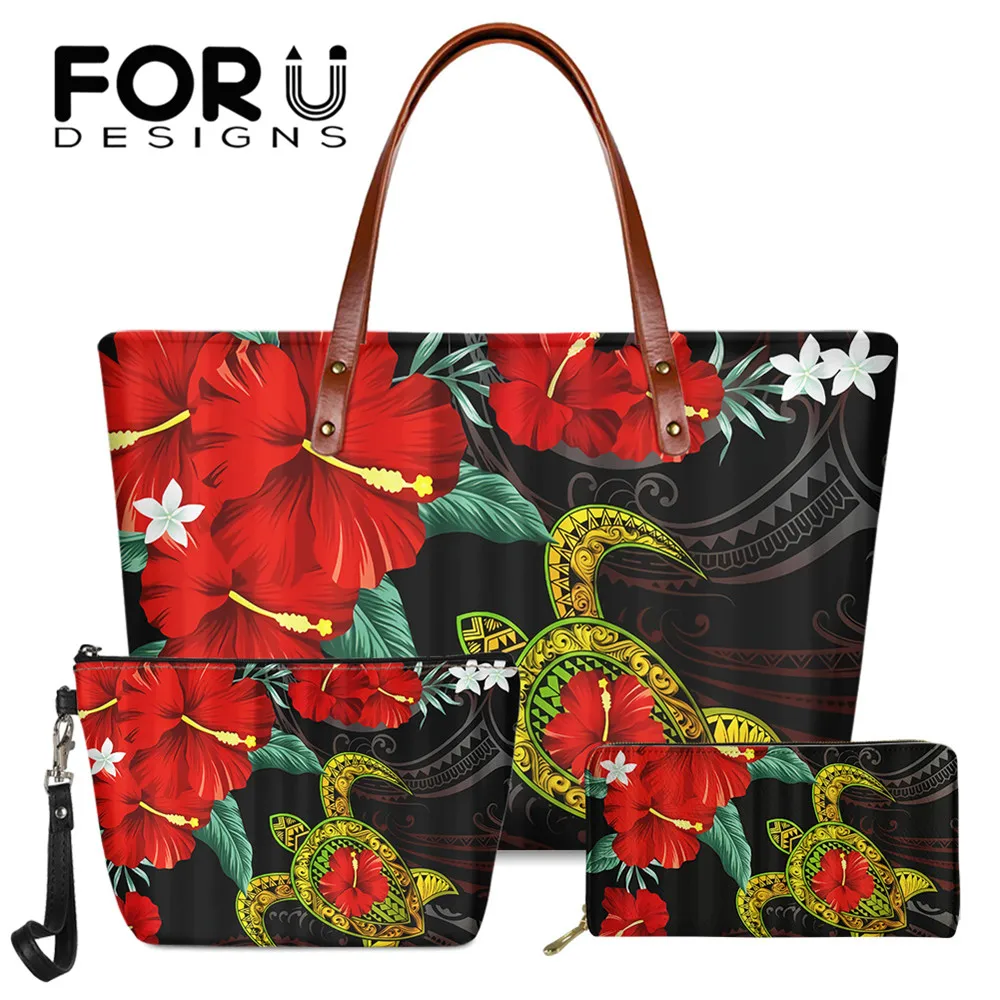 

FORUDESIGNS 2021 Fashion Women Handbags And Purse 3Set Hawaii Turtle Hibiscus Polynesian Printed Casual Lady Shoulder Totes Sac