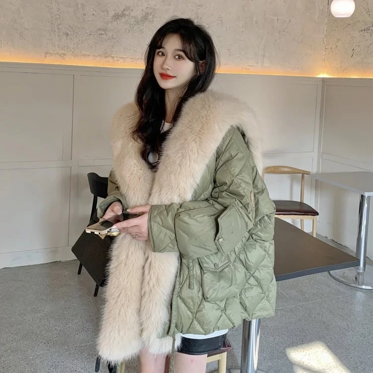 

Lingge Cotton Jacket Women's Winter Medium Long Plush Thickened Loose Green Cotton Jacket Ins C1033