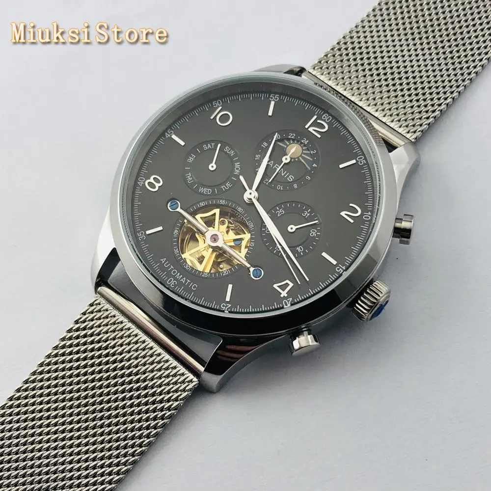 Мужские автоматические механические часы Parnis серебристый чехол 43 мм с черным